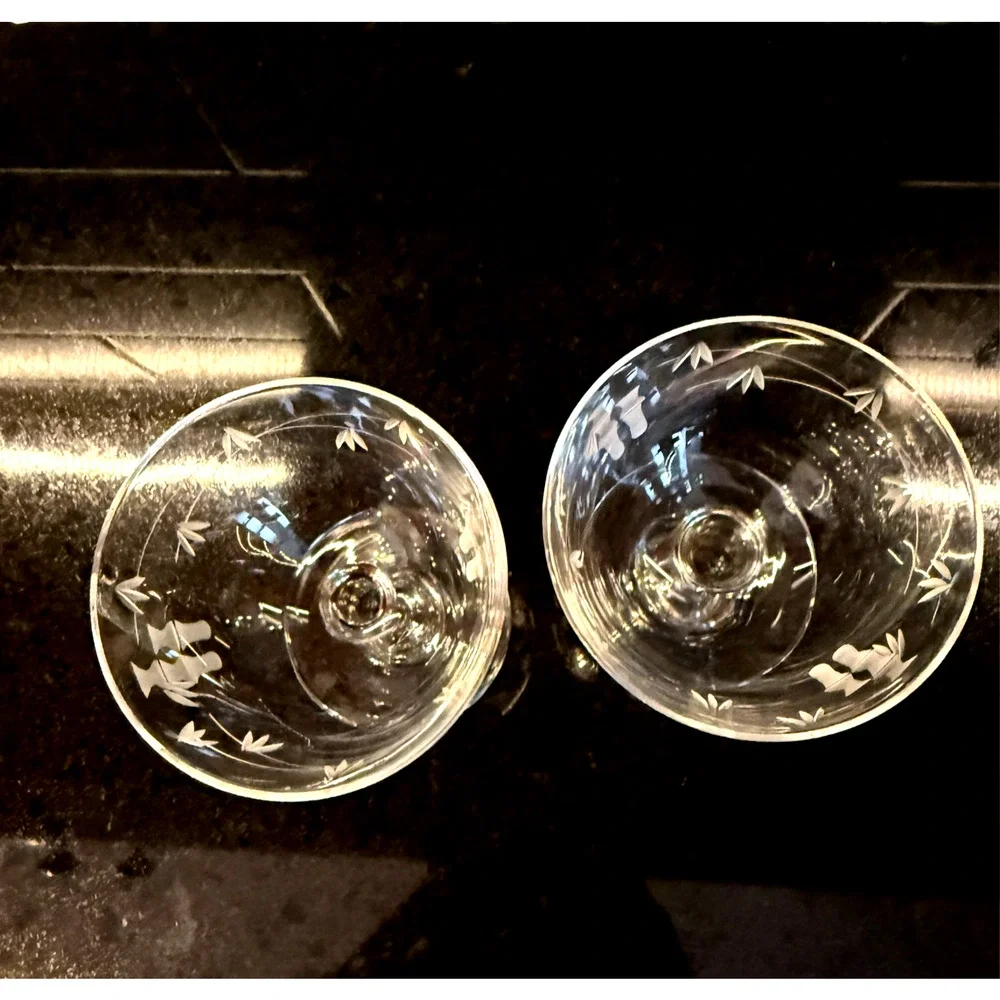 Noritake Sasaki Bamboo Etched Design Glass Cordial Glasses Set Of 2 Vintage